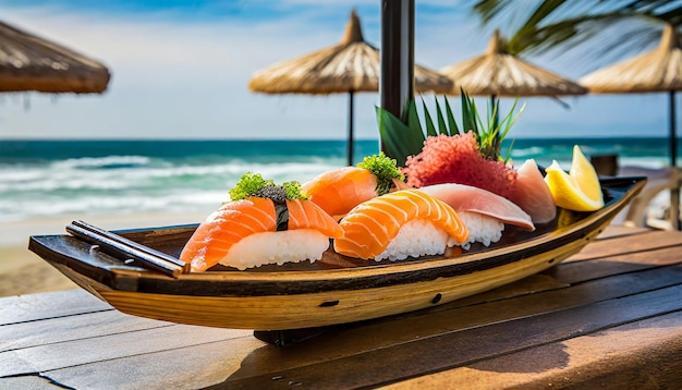 Sushi bar na plaży z sashimi podawanym na talerzu w kształcie łodzi