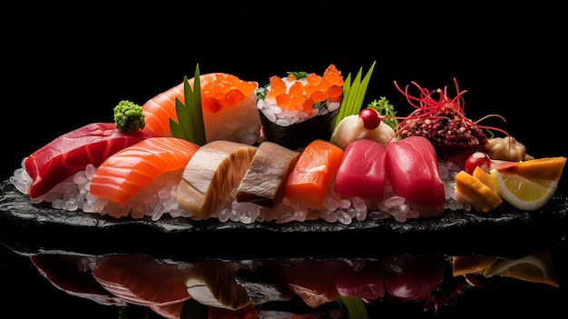 Sushi Elegance Wyjątkowa aranżacja talerza sushi na eleganckim ciemnym tle