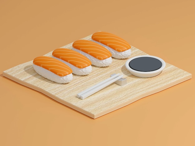 sushi i bułki na drewnianej desce do krojenia z japońskimi pałeczkami na tle renderowania 3d