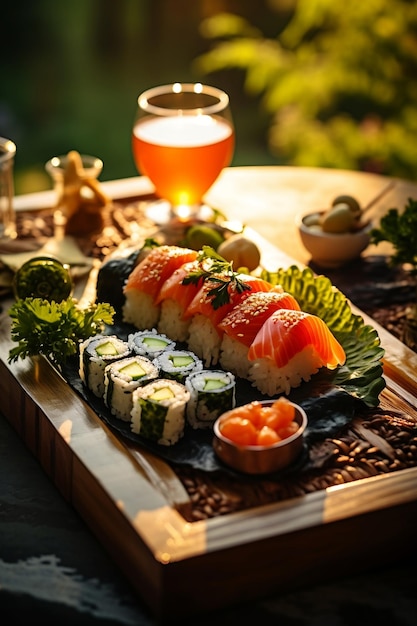 Sushi i kieliszek wina z widokiem na zachód słońca Generative AI