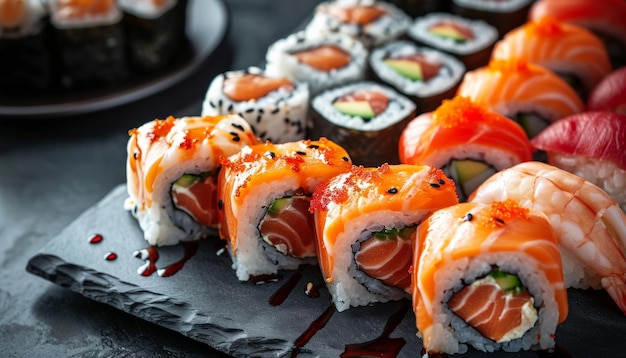 sushi i rolki sushi na talerzu łupkowym