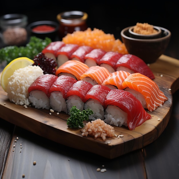 Sushi i sashimi to japońskie dania przyrządzane z surowych ryb i owoców morza wytwarzanych przez sztuczną inteligencję