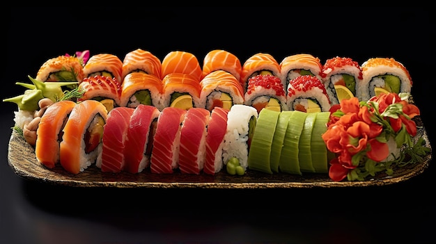 Sushi menu Roll z łososiem awokado ogórkiem Japońskie jedzenie Utworzono za pomocą Generative AI