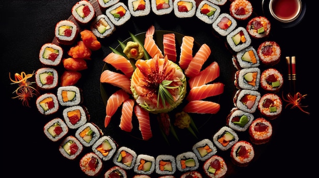 Sushi menu Roll z łososiem awokado ogórkiem Japońskie jedzenie
