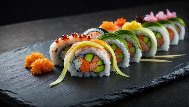 Zdjęcie sushi na czarnym stole z różnorodnymi sushi