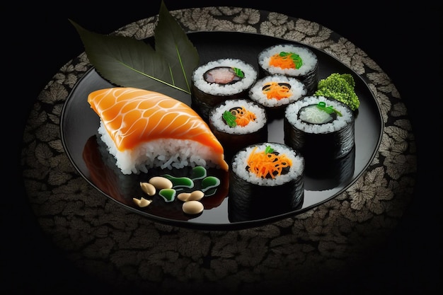 Sushi na czarnym tle interpretacja artystyczna Generatywna sztuczna inteligencja