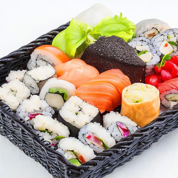 Zdjęcie sushi na czarnym wiklinowym koszu na białym tle do pobrania