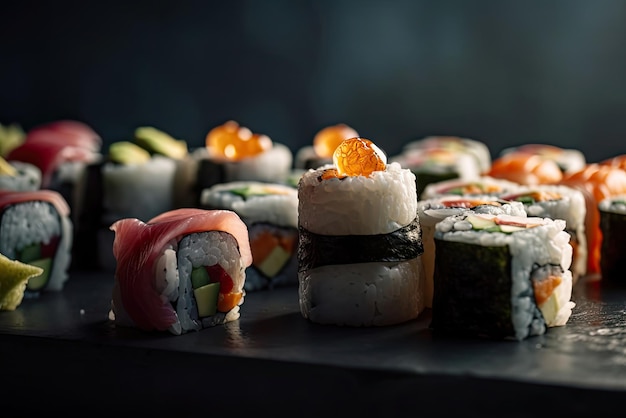 Sushi na stole z ciemnym tłem