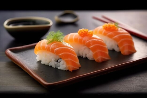 Sushi na talerzu z miską ryżu i talerzem sushi.