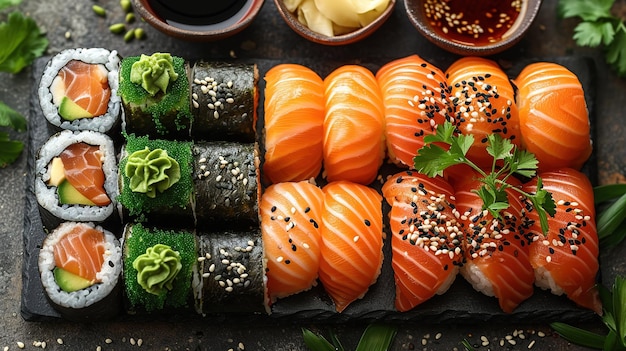 Sushi nigiri i maki duże na łupku Różnorodność japońskich sushi z tuńczykiem