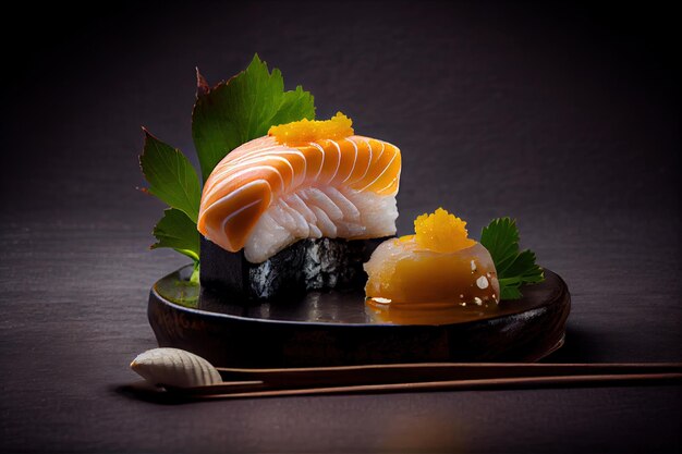 Sushi Nigiri na ciemnym tle japońskie owoce morza łosoś Susi abstrakcyjna generatywna ilustracja AI
