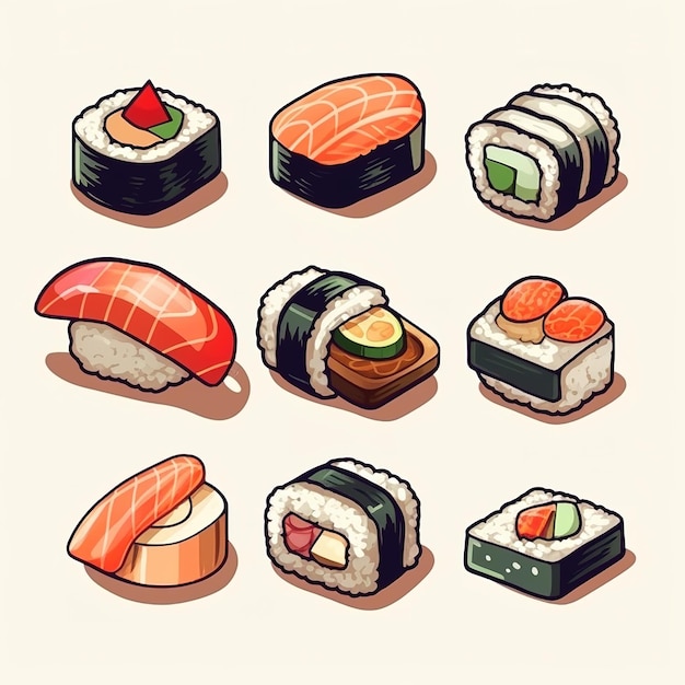 Sushi płaska ilustracja wektorowa kreskówka