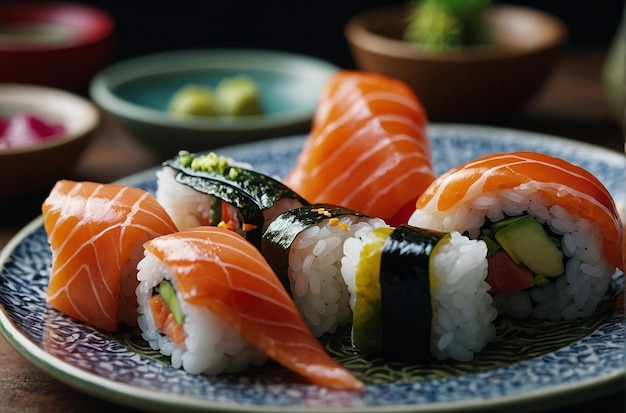 Sushi podawane na pięknych ceramicznych talerzach
