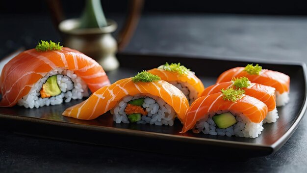 Sushi przedstawione na eleganckim i nowoczesnym talerzu