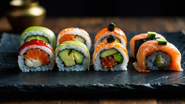 Sushi przedstawione na łupku z odrobiną wasabi