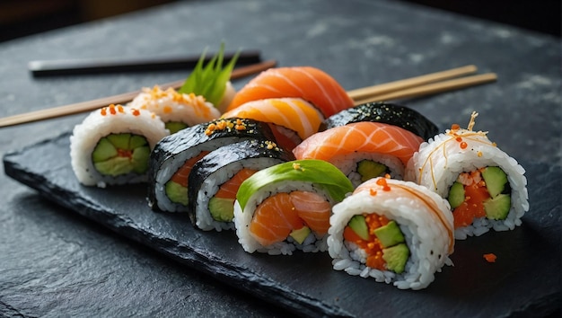 Zdjęcie sushi rolki są ułożone na czarnej matce