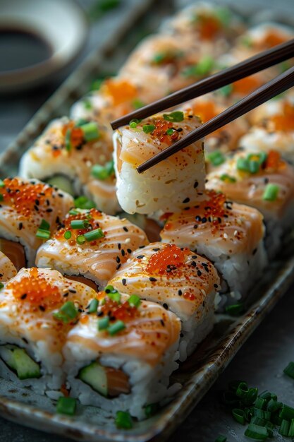 Zdjęcie sushi roll japońskie jedzenie świeże warzywa z łososia latające ryby jajka i kawior w kalifornii sushi roll set menu w restauracji japońskiej