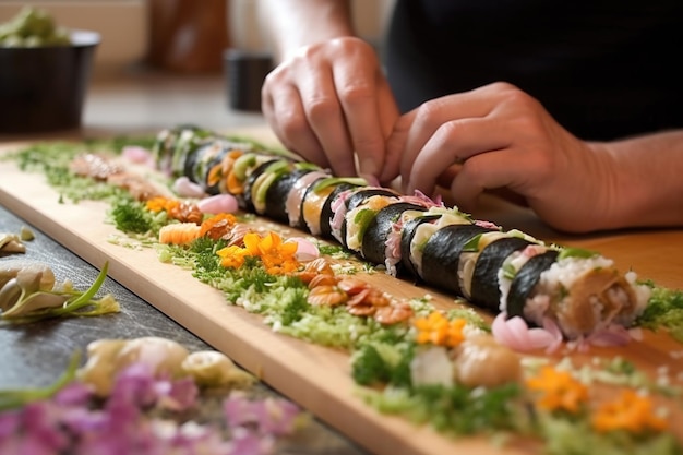 Zdjęcie sushi roll w trakcie wypełniania miejsca