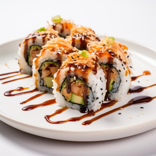 Sushi Roll Wypełniony Nori Białym Serem Cottage Sos Teriyaki Na Białym Tle Nakręcony Na