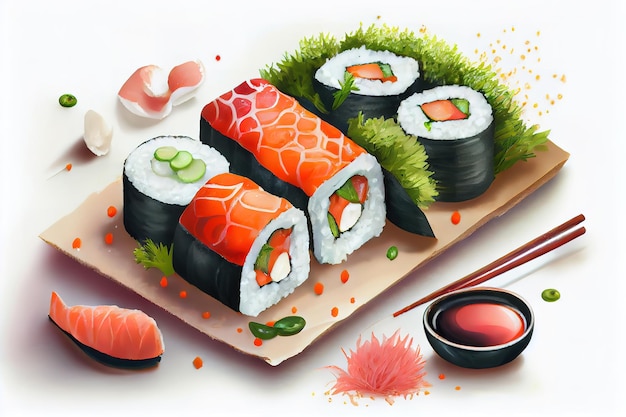 Sushi rolls Philadelphia z łososiem awokado ryżem nori wasabi imbirem i sosem sojowym Generative Ai