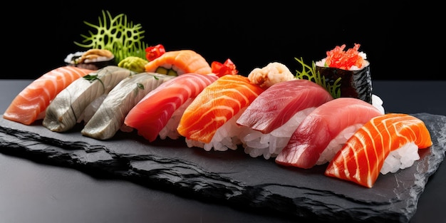 Sushi Set sashimi i rolki sushi serwowane na kamiennym łupku