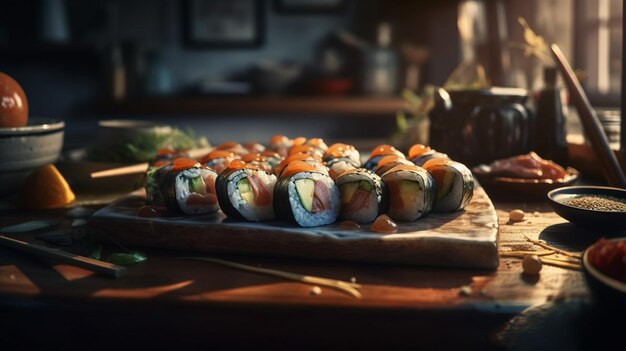 Sushi toczy się na drewnianym stole w japońskiej restauracjigenerative ai