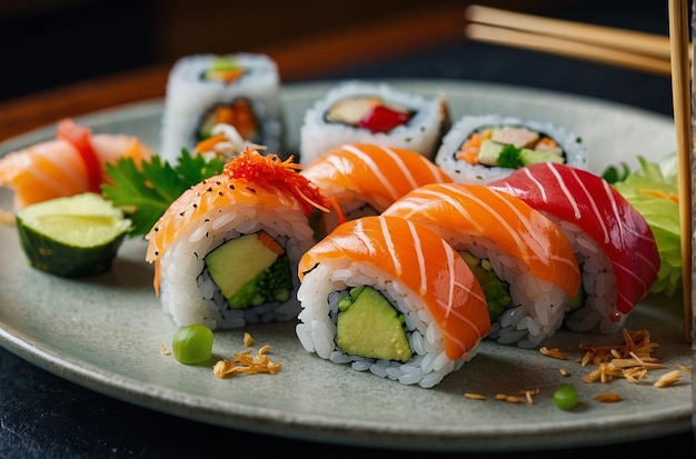 Sushi ułożone na talerzu z japońskim