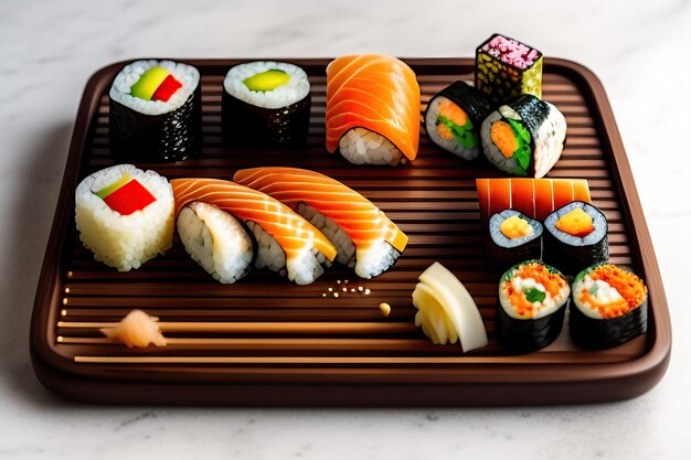 Sushi Ustaw nigiri i rolki sushi na drewnianej desce do serwowania