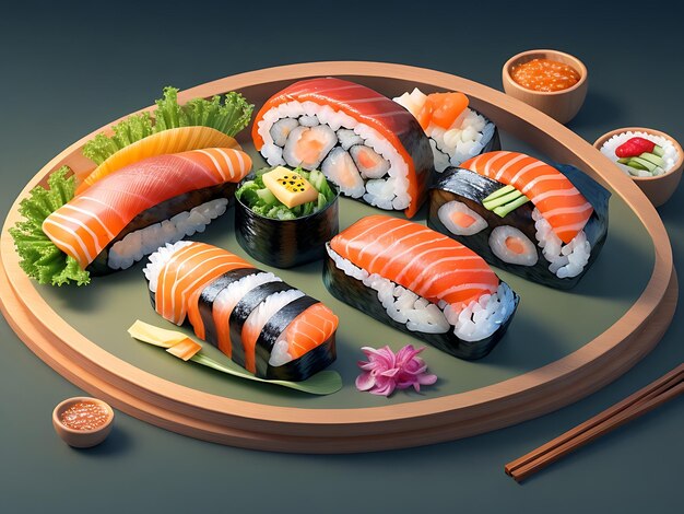 Sushi w okrągłej tacy z zestawem sushi Ilustracja dań sushi WYGENEROWANA AI