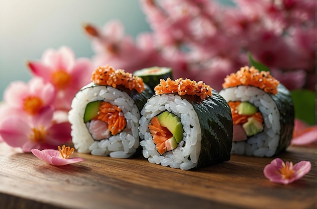 Sushi z garniturą z płatków kwiatów sakury