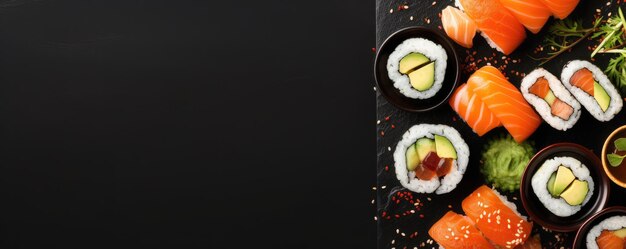 Zdjęcie sushi z łososia na czarnym kamiennym łupku seafood generative ai