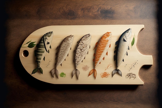 Sushi z pięciu gatunków ryb z miejscem na napis na bambusowej desce