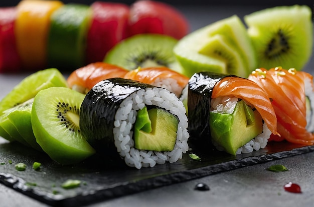 Sushi z pociętymi kiwi garniturami