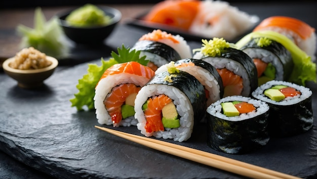 Zdjęcie sushi z sushi na czarnej matce