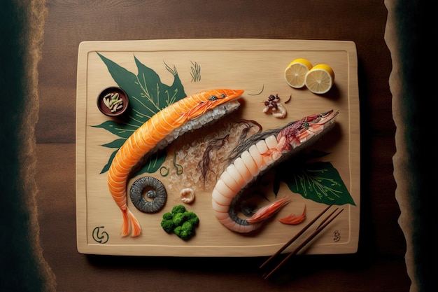 Sushi z węgorza i krewetek na drewnianej desce