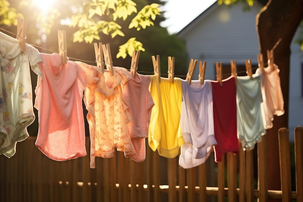 Suszenie ubrań na sznurku w słoneczny letni dzień Suszenie kolorowej odzieży dziecięcej AI Generated