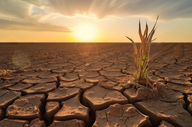 Suszona roślina na pękniętej, jałowej ziemi koncepcja zmiany klimatu Ge