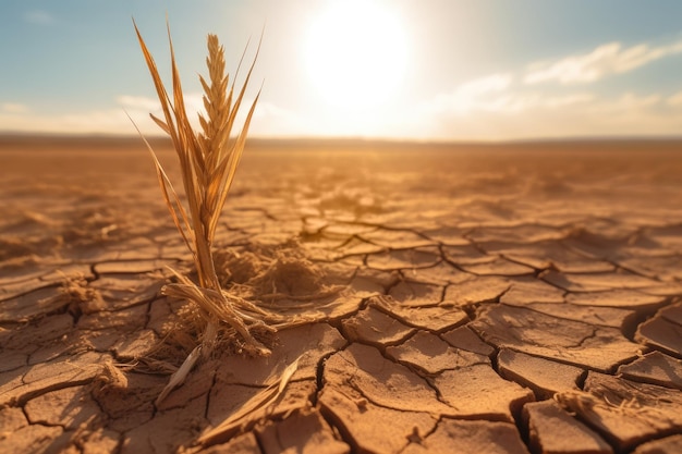 Zdjęcie suszone kłosy pszenicy w suchej pękniętej glebie zmiana klimatu i koncepcja kryzysu żywnościowego generatywna realistyczna ilustracja ai