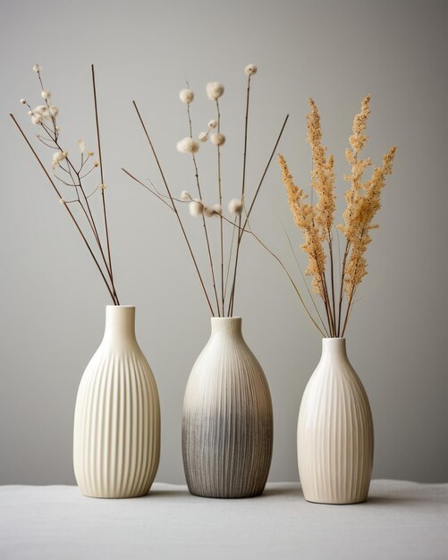 Suszone kwiaty w białych ceramicznych wazonach Minimalistyczna koncepcja dekoracji wnętrz