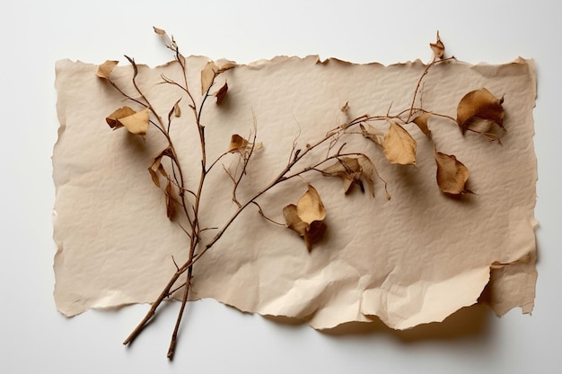Zdjęcie suszone liście i gałęzie na tle zmiętego papieru