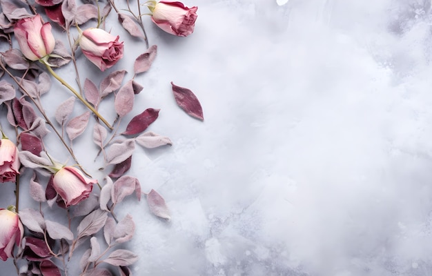 Zdjęcie suszone pąki i liście róży na szarym śnieżnym tle