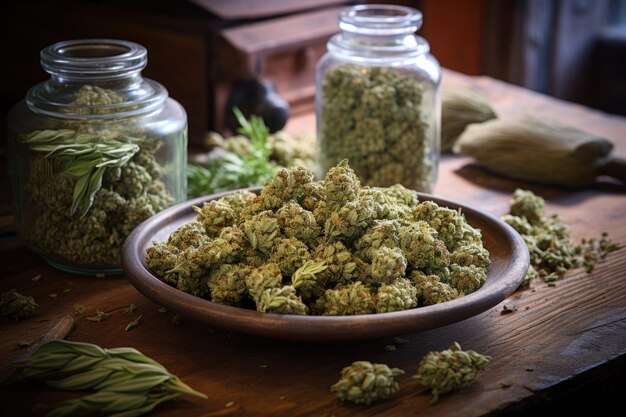 Zdjęcie suszone pąki marihuany gotowe do spożycia na drewnianym stole