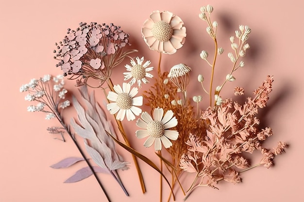 Suszone piękne kwiaty na pastelowym różowym tle stworzone za pomocą generatywnej ai