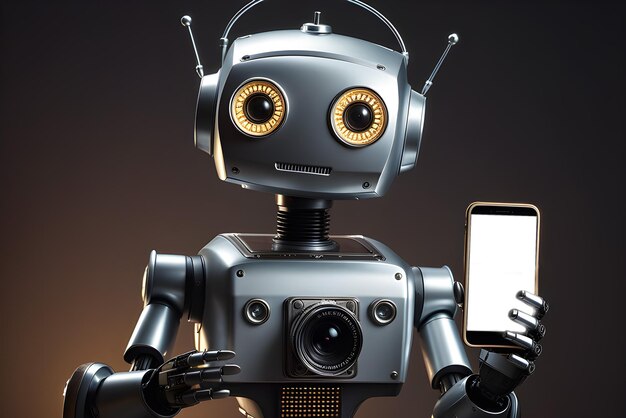 Sute realistyczny robot trzyma telefon w rękach i pokazuje go widzowi