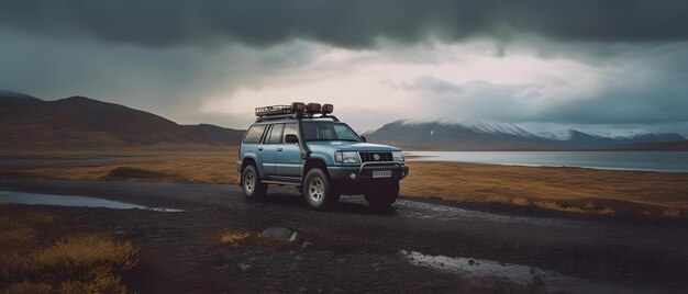 SUV jedzie na odległej plaży Islandii Generative AI