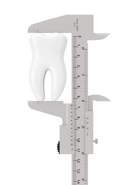 Suwmiarka z noniuszem metalowym z białym zębem na białym tle. Renderowanie 3D