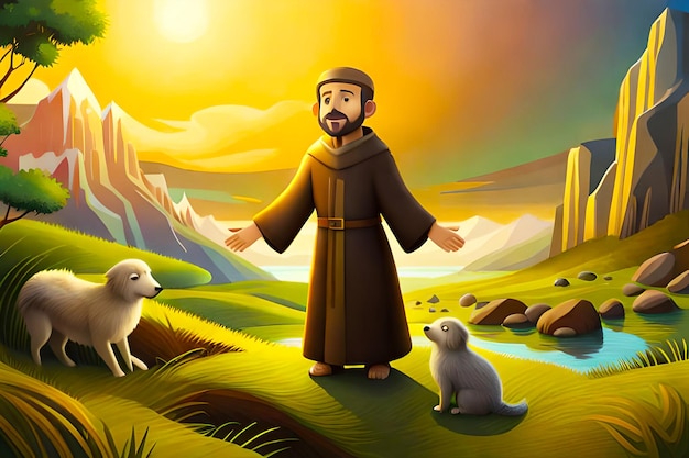 Św. Franciszek z Asyżu otoczony zwierzętami i naturą ucieleśniający jego miłość do całego stworzenia