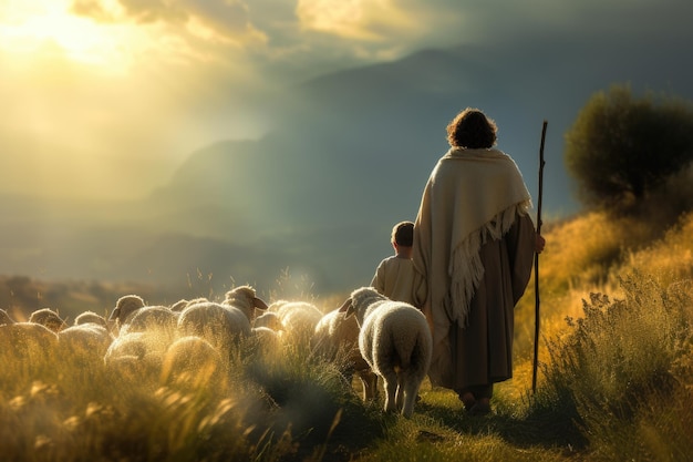 Św. Józef z chłopcem Jezusem Chrystusem paszącym owce przedstawienie biblijnego dramatu ilustrującego świętą więź między św. Józefem a młodym Jezusem, gdy dbają o stado
