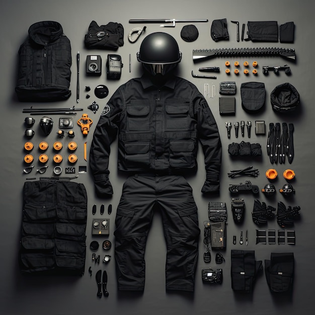 swat policja Vintage Knolling Flat Lays zdjęcie retro widok z góry zawód klasyfikacji kolorów