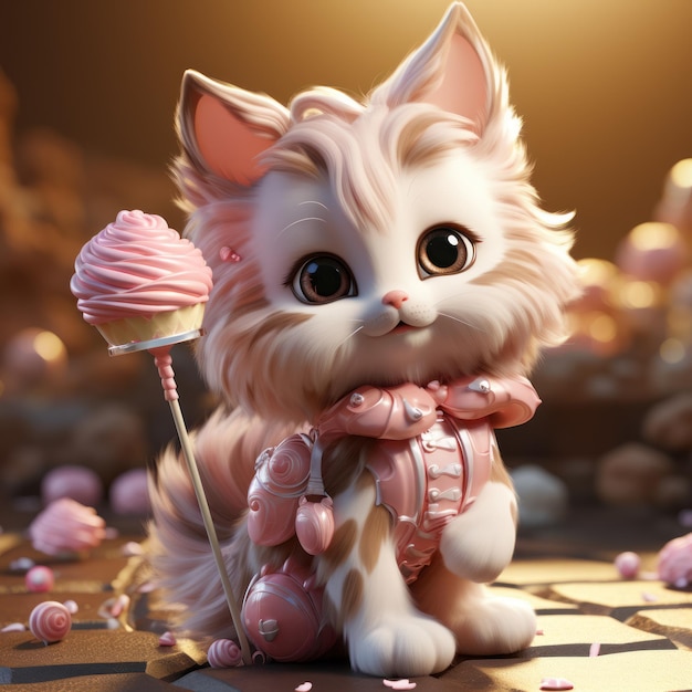 Sweet Delights Urocza kotka otoczona sztuczną inteligencją generatywną cukierków